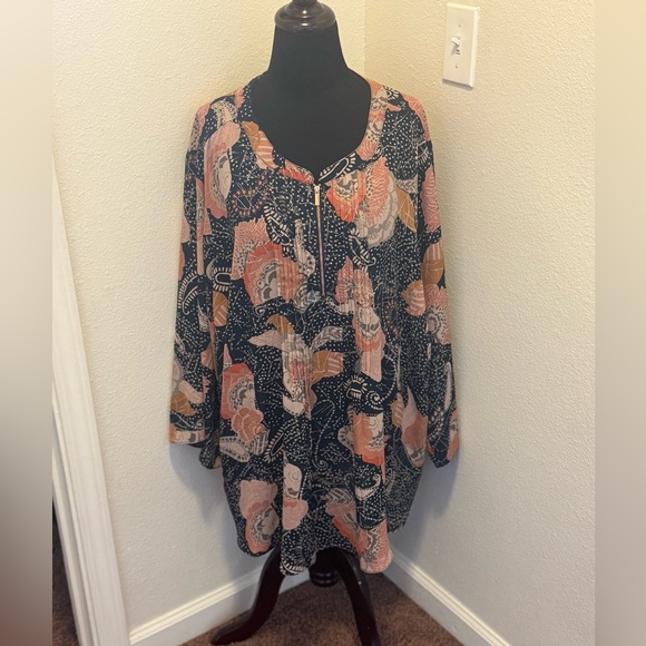 Avenue Tops - 2 FOR $20 AVENUE Blue Orange Floral Semi Sheer Tunic Top Blouse 30/32 4X